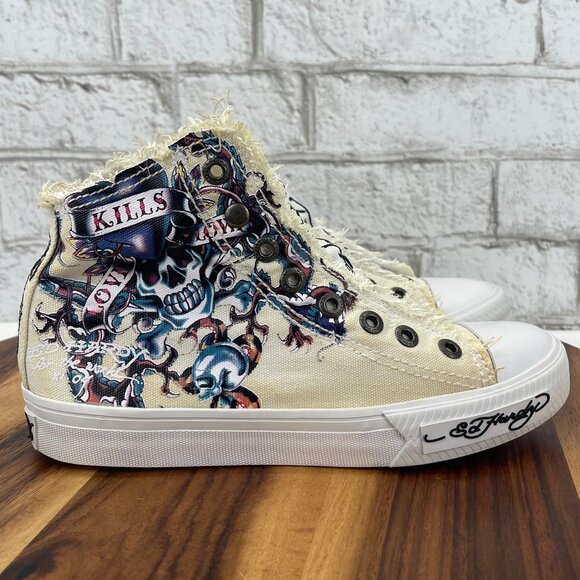 VTG Ed Hardy Canvas Laceless Skull Tiger Print Womens 5 High Top Slip On Shoes - Picture 6 of 13